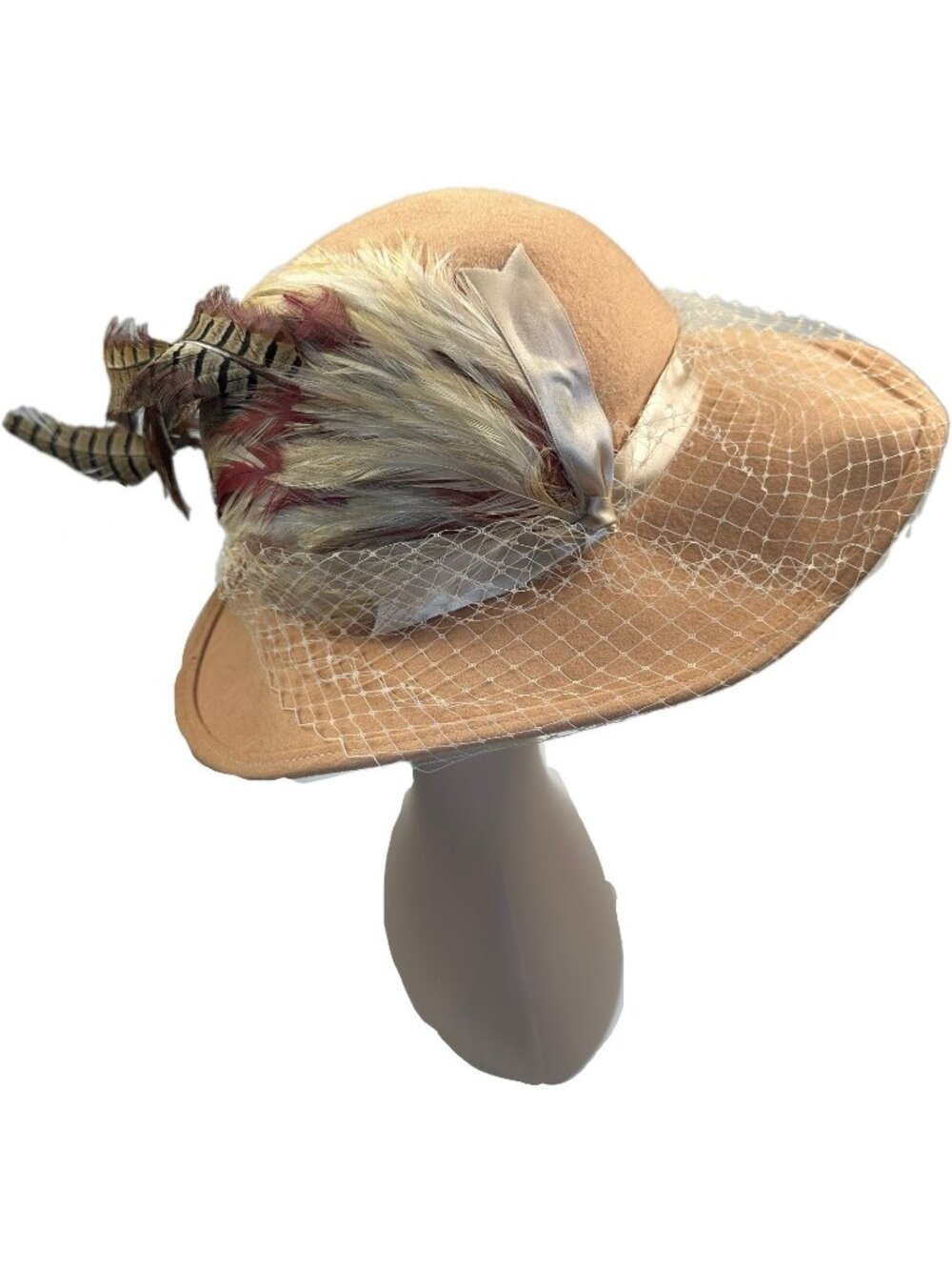 Mr Charles Michael Howard 100% Wool Felt Brimmed Hat w/ Feathers Veil M 7 1/8